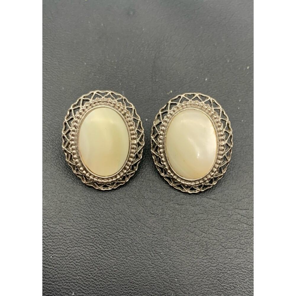Vintage 1928 Brand Silver Tone‎ And Faux Mother Of Pearl Pierced Earrings